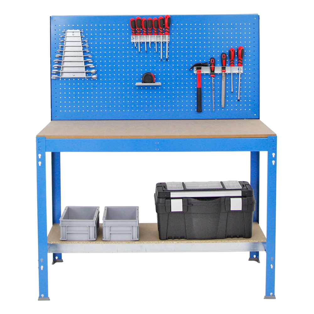 Werkbank QUICK-BUFFALO mit Werkzeugwand + Zubehör Alpha | HxBxT 84x120x61cm | Traglast 600kg | Blau