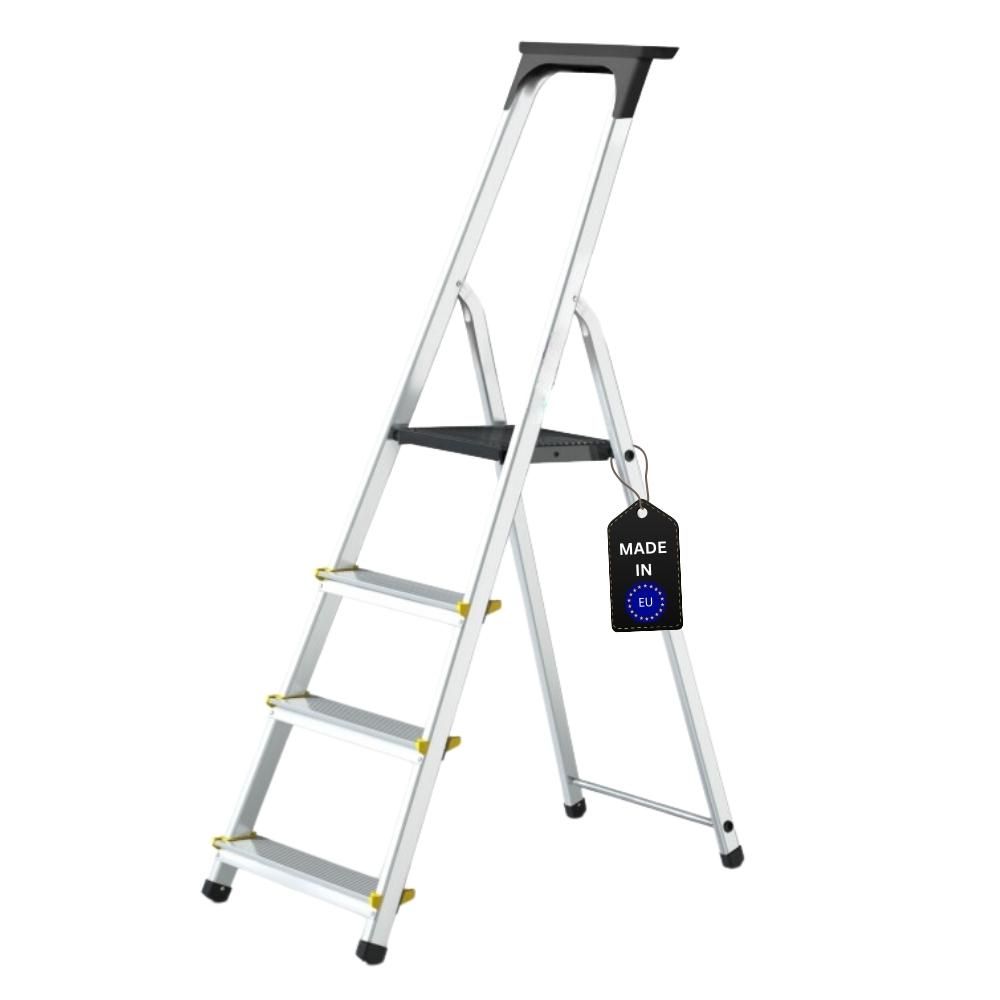 Stufenstehleiter mit Werkzeugablage ECONOMY BASIC | einseitig begehbar | 4 Stufen | Arbeitshöhe 2,75m | Traglast 150kg