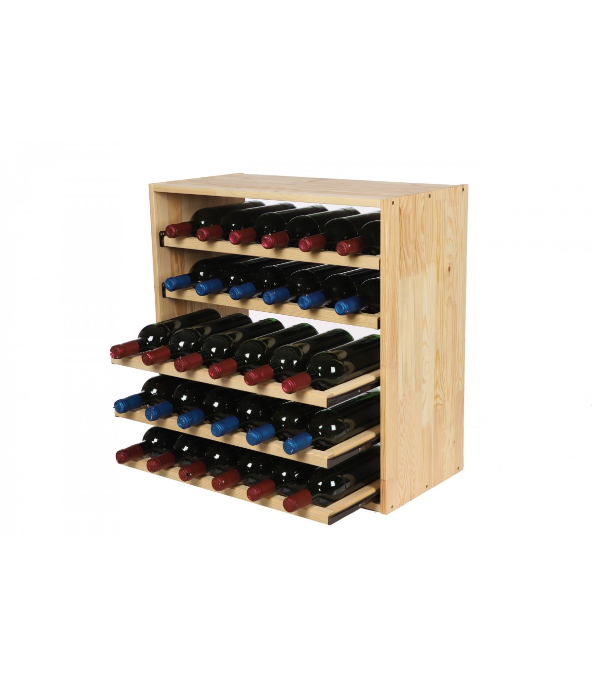 Modulares Weinregal VINCELLAR MOD | HxBxT 60x60x30cm | Auszug Modul für 30 Flaschen | mit ausziehbaren Ebenen | Massives Kiefernholz | Natur