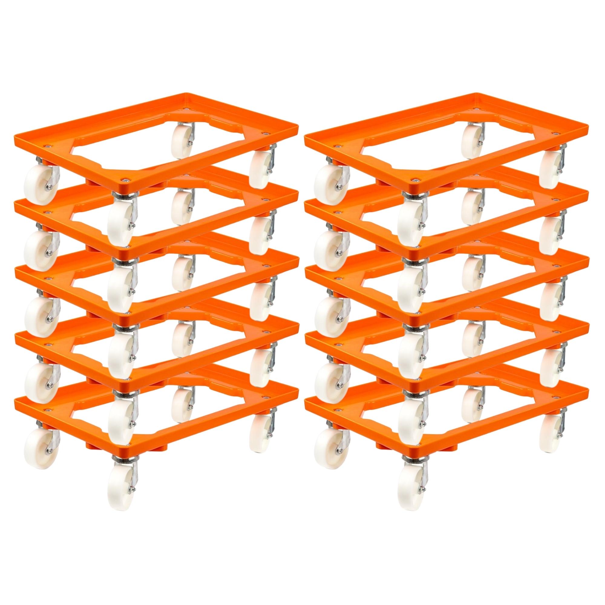 SparSet 10x Transportroller für Euroboxen 60x40cm mit Kunststoffräder orange | Offenes Deck | 2 Lenkrollen & 2 Bockrollen | Traglast 300kg | Kistenroller Logistikroller Rollwagen Profi-Fahrgestell