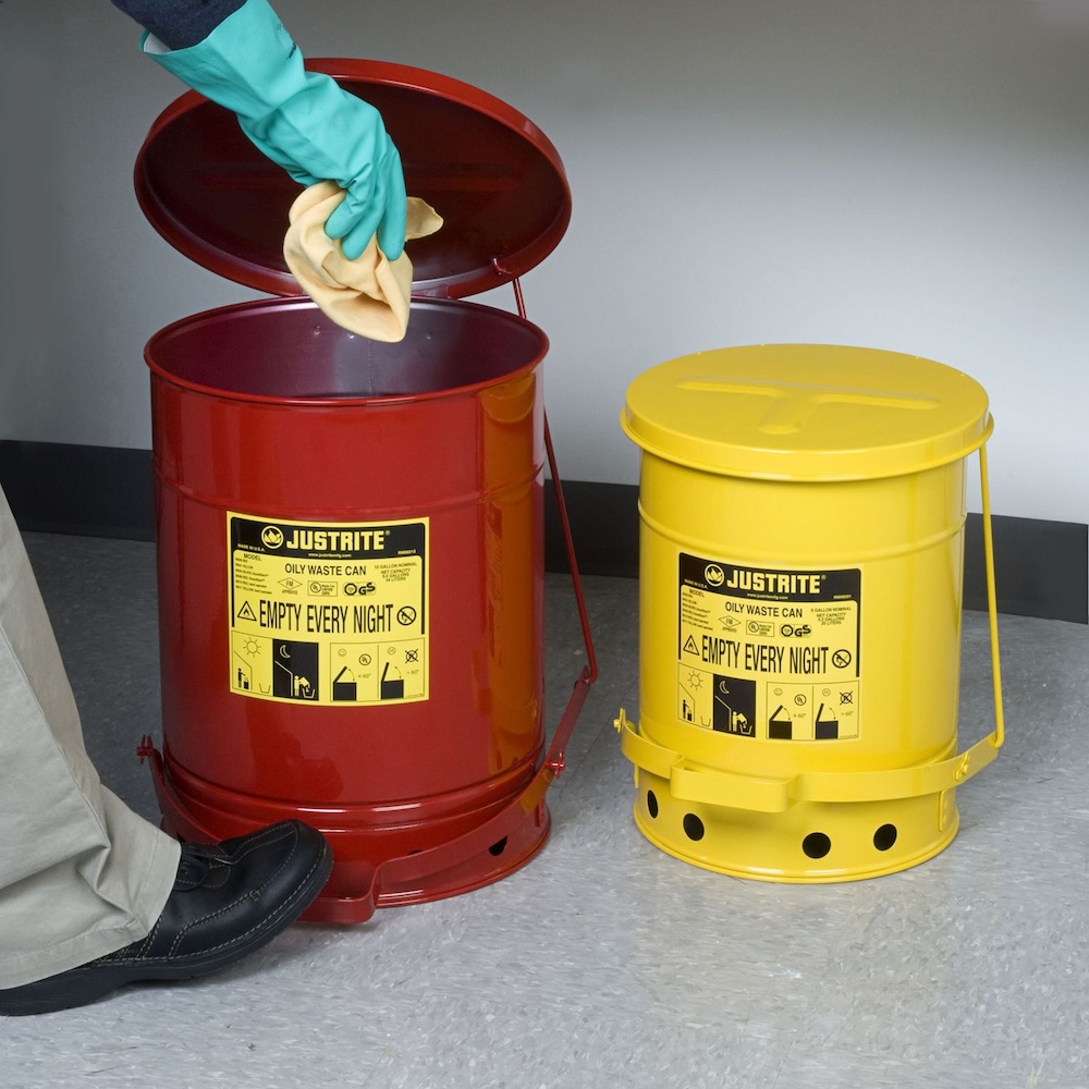 Justrite Sicherheits Öl-Entsorgungsbehälter aus Stahl mit Pedalöffnung | HxBxT 30,2x30x40cm | 23 Liter | Rot