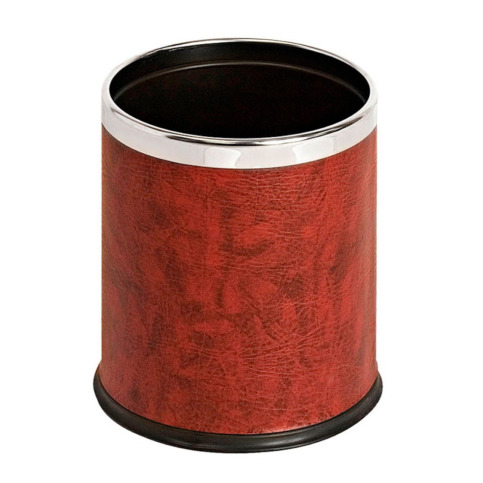 Eleganter doppelwandiger Papierkorb in Lederoptik | 10 Liter, HxØ 27,5x22,5cm | Rand aus mattem Edelstahl | Bordeaux