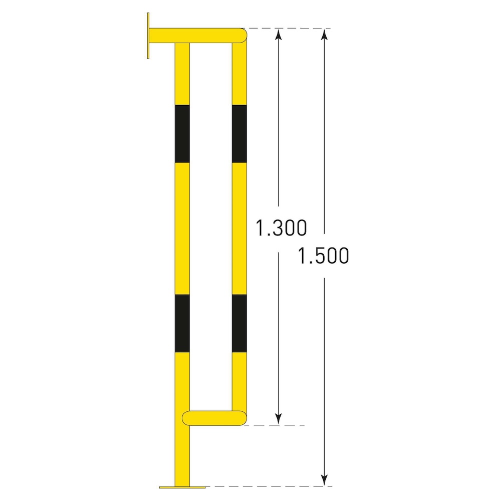 Großer Rohrschutz-Bügel 180° zur Boden-/Wandmontage | Innenmaß HxBxT 150x25x27,5cm | Feuerverzinkter & kunststoffbeschichteter Stahl | Schwarz-Gelb