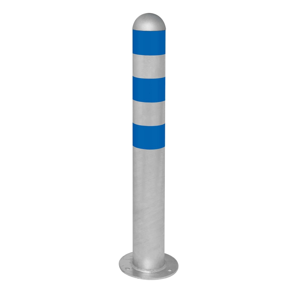 Rammschutzpoller CITY aus Stahl mit blauen Reflexstreifen | Ladesäulen-Schutz zum Aufdübeln | HxØ 80x10,8cm | Materialstärke 2,9mm | Feuerverzinkter Stahl | Silber/Blau