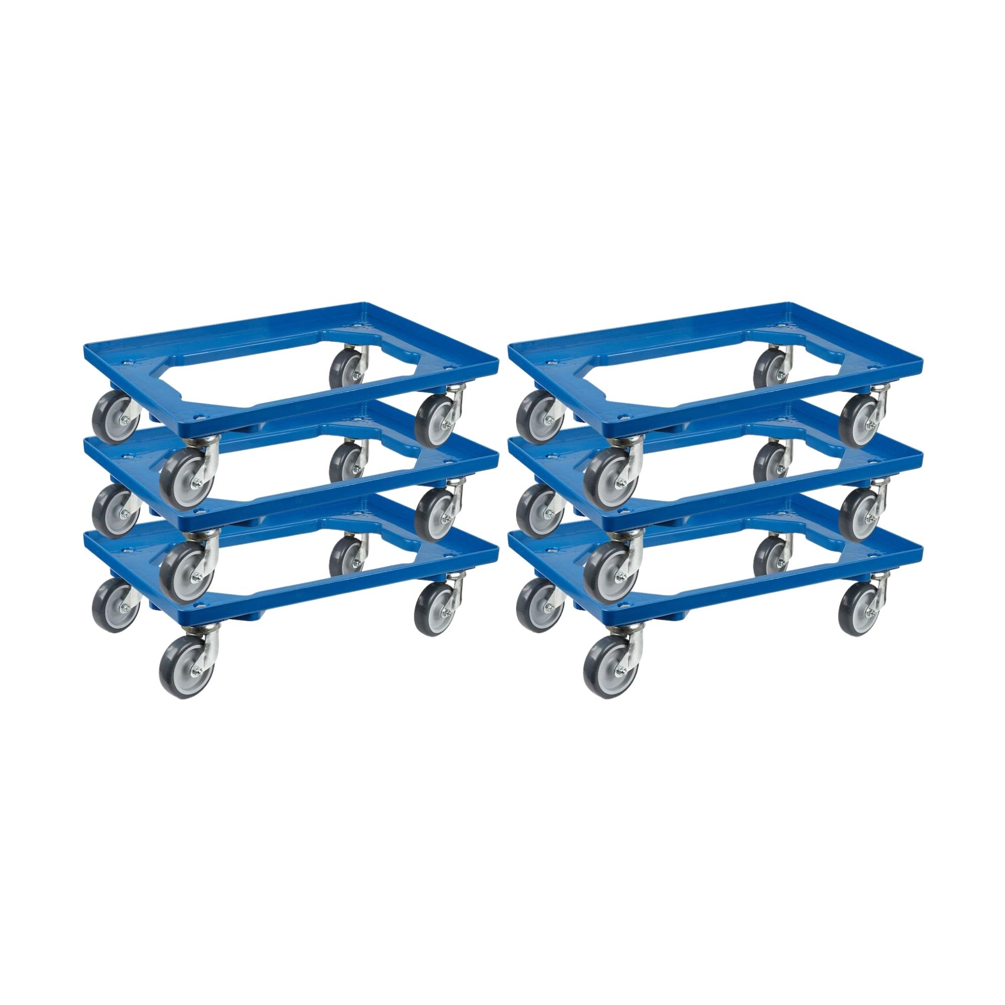 Transportroller für Euroboxen 60x40cm mit Gummiräder blau | Offenes Deck | 2 Lenkrollen & 2 Bremsrollen | Traglast 300kg | Kistenroller Logistikroller Rollwagen Profi-Fahrgestell