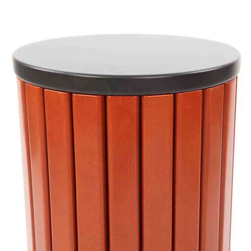 Runder Abfallbehälter aus Metall in Holzoptik für den Außenberreich | 33 Liter, HxØ 75,5x40cm | Holzoptik, Abdeckung Schwarz