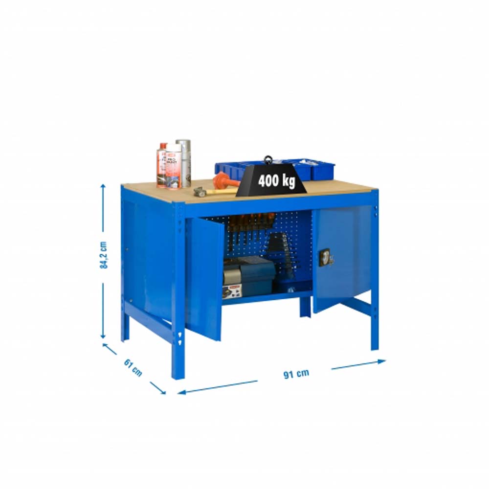 Werkbank BUFFALO mit Schrank | HxBxT 84x90x61cm | Traglast 400kg | Blau