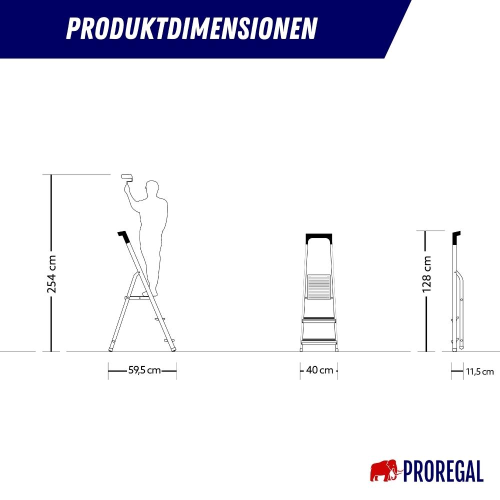 Stufenstehleiter mit Werkzeugablage ECONOMY BASIC | einseitig begehbar | 3 Stufen | Arbeitshöhe 2,54m | Traglast 150kg