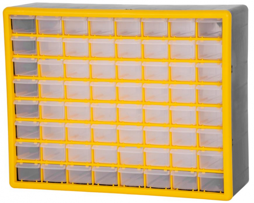 Cosimo Kleinteilemagazin mit 64 Schubfächer grau/gelb | HxBxT 39x50x16cm | Kleinteileregal, Sortimentsboxen, Sortimentskastenregal, Regalsystem