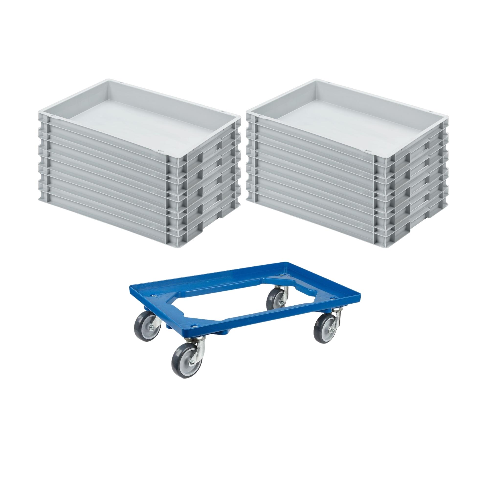 SparSet 10x Eurobehälter mit geschlossenem Griff & 1x Transportroller Blau | HxBxT 7,5x40x60cm | 15 Liter | Eurobox, Transportbox, Transportbehälter, Stapelbehälter