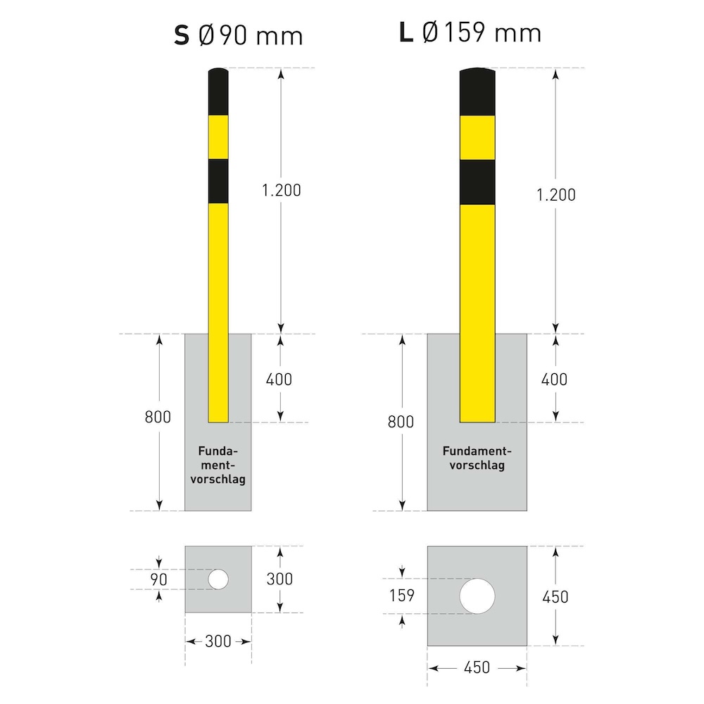 Rammschutz-Poller S zum Einbetonieren  | HxØ 160x9cm | Materialstärke 3,6mm | Kunststoffbeschichteter Stahl | Schwarz-Gelb