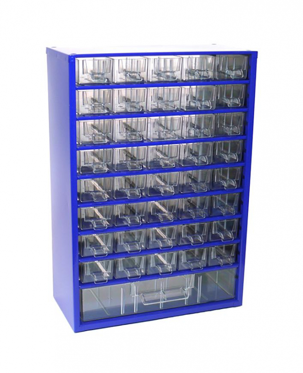 Cosima Kleinteilemagazin mit 41 Schubfächer Metallgehäuse blau | HxTxB: 44,2x15,5x30,6cm | Kleinteileregal, Sortimentsboxen, Sortimentskastenregal, Regalsystem