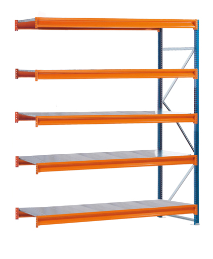 Schulte Weitspannregal mit Stahlpaneelen W 100 | Anbauregal | HxBxT 300x250x80cm | 5 Ebenen | Fachlast 820 kg | Blau/Orange/Verzinkt
