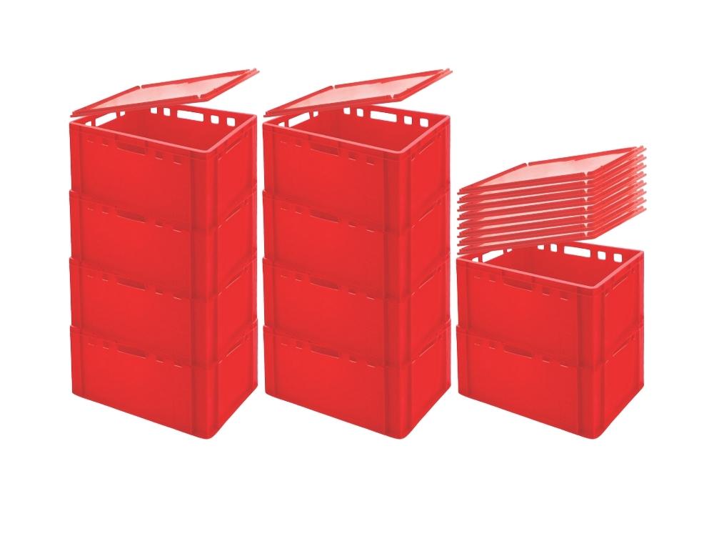 SparSet 10x Eurobehälter Fleischerkasten E3 mit Auflagendeckel | HxBxT 30x40x60cm | 59 Liter | Rot | Fleischerkiste, Fleischkiste, Metzgerkiste, Fleischbehälter