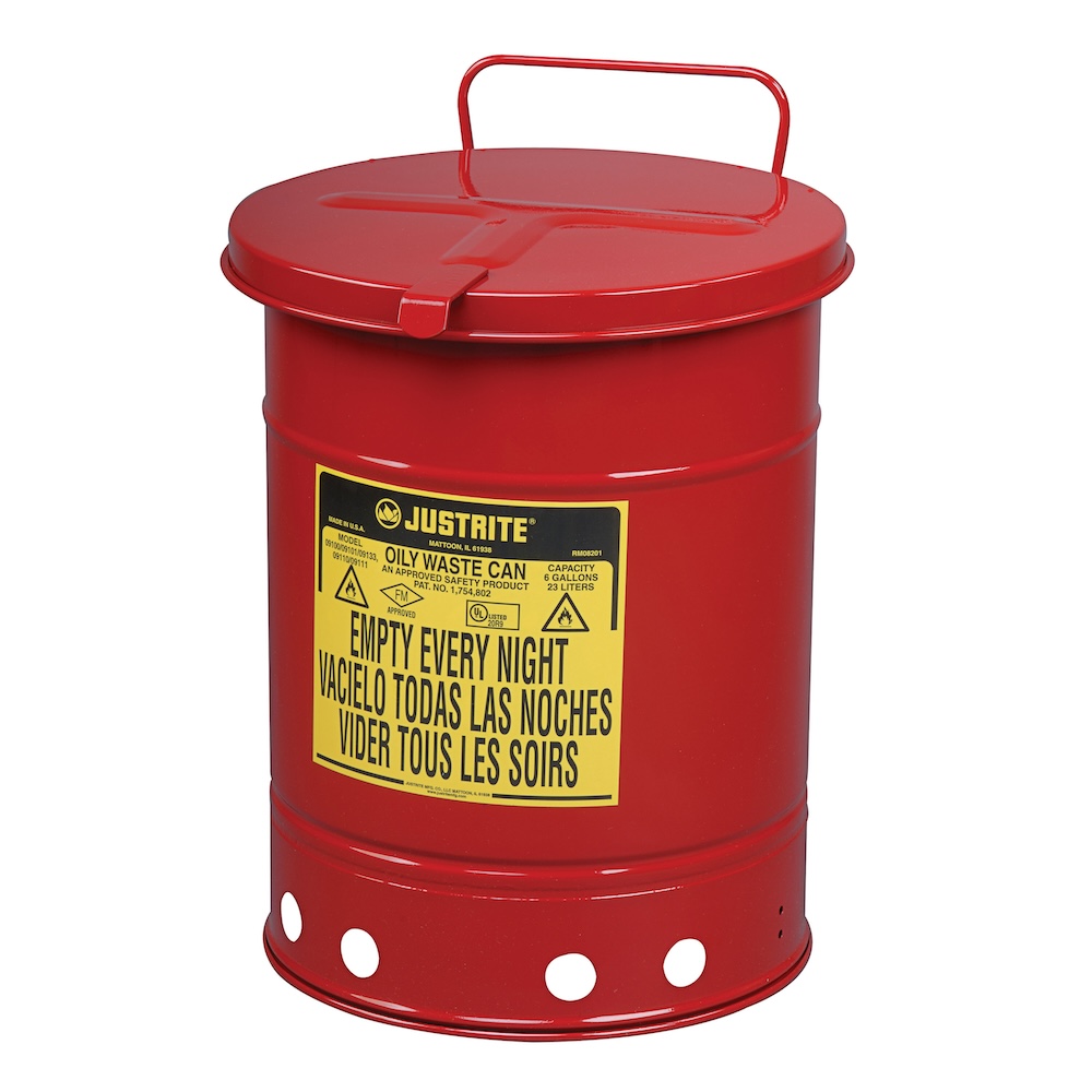 Justrite Sicherheits Öl-Entsorgungsbehälter aus Stahl mit Handöffnung | HxBxT 35,4x35x46cm | 38 Liter | Rot