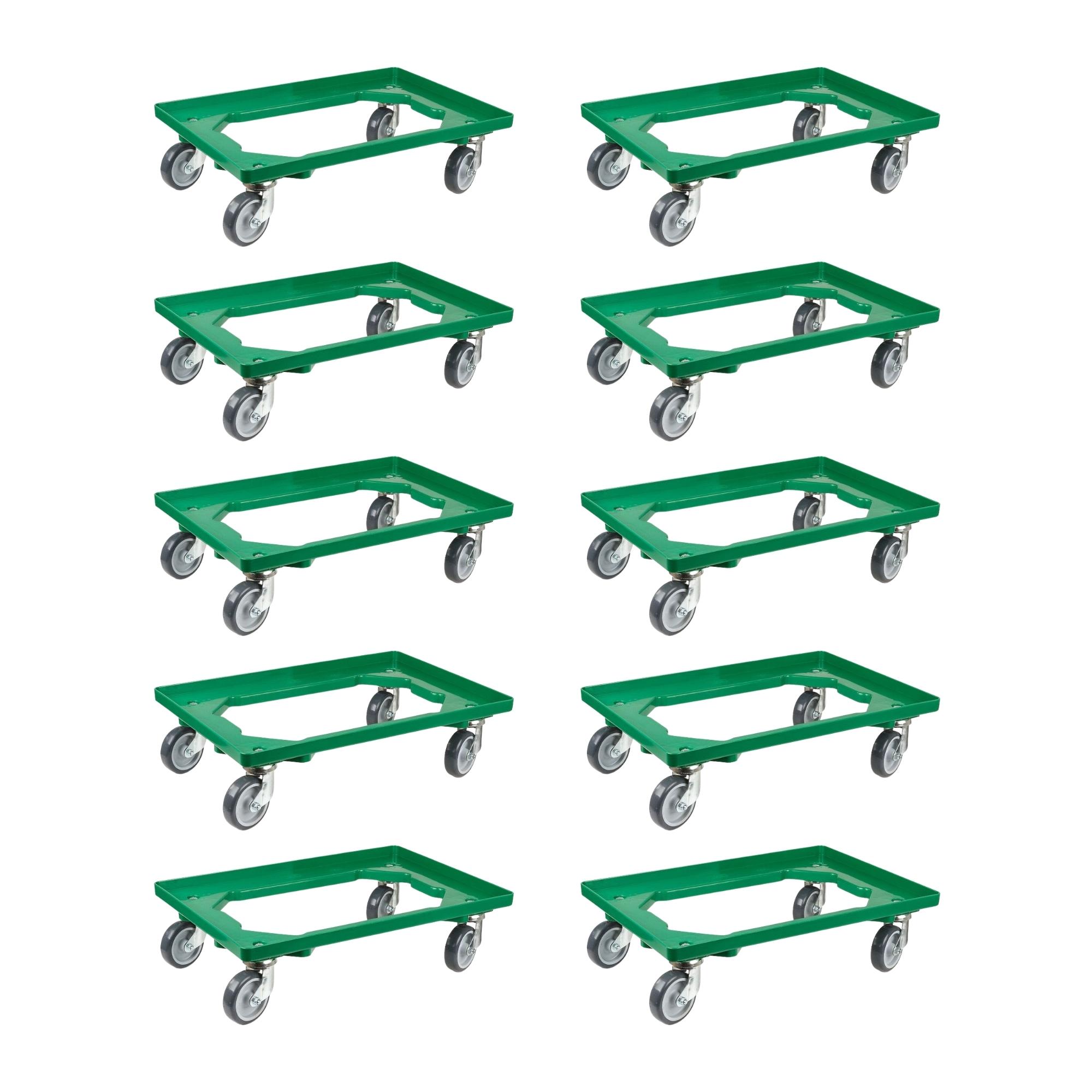 SparSet 10x Transportroller für Euroboxen 60x40cm mit Gummiräder grün | Offenes Deck | 2 Lenkrollen & 2 Bremsrollen | Traglast 300kg | Kistenroller Logistikroller Rollwagen Profi-Fahrgestell