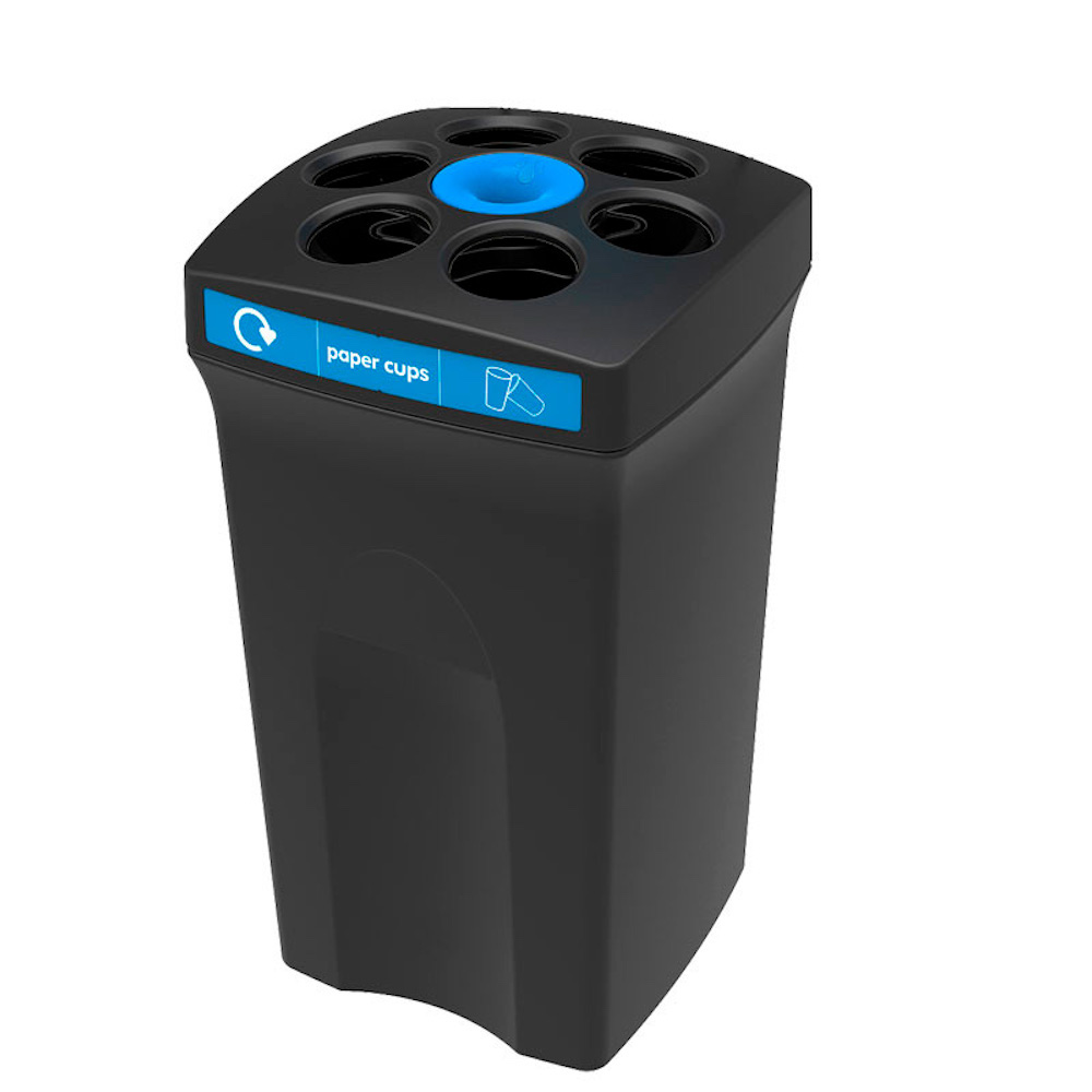 Robuster Bechersammler EnvirocupXL "Papierbecher" | 110 Liter, HxBxT 80,3x44,5x44,5cm | Polyethylen | Schwarz mit blauem Akzentstreifen