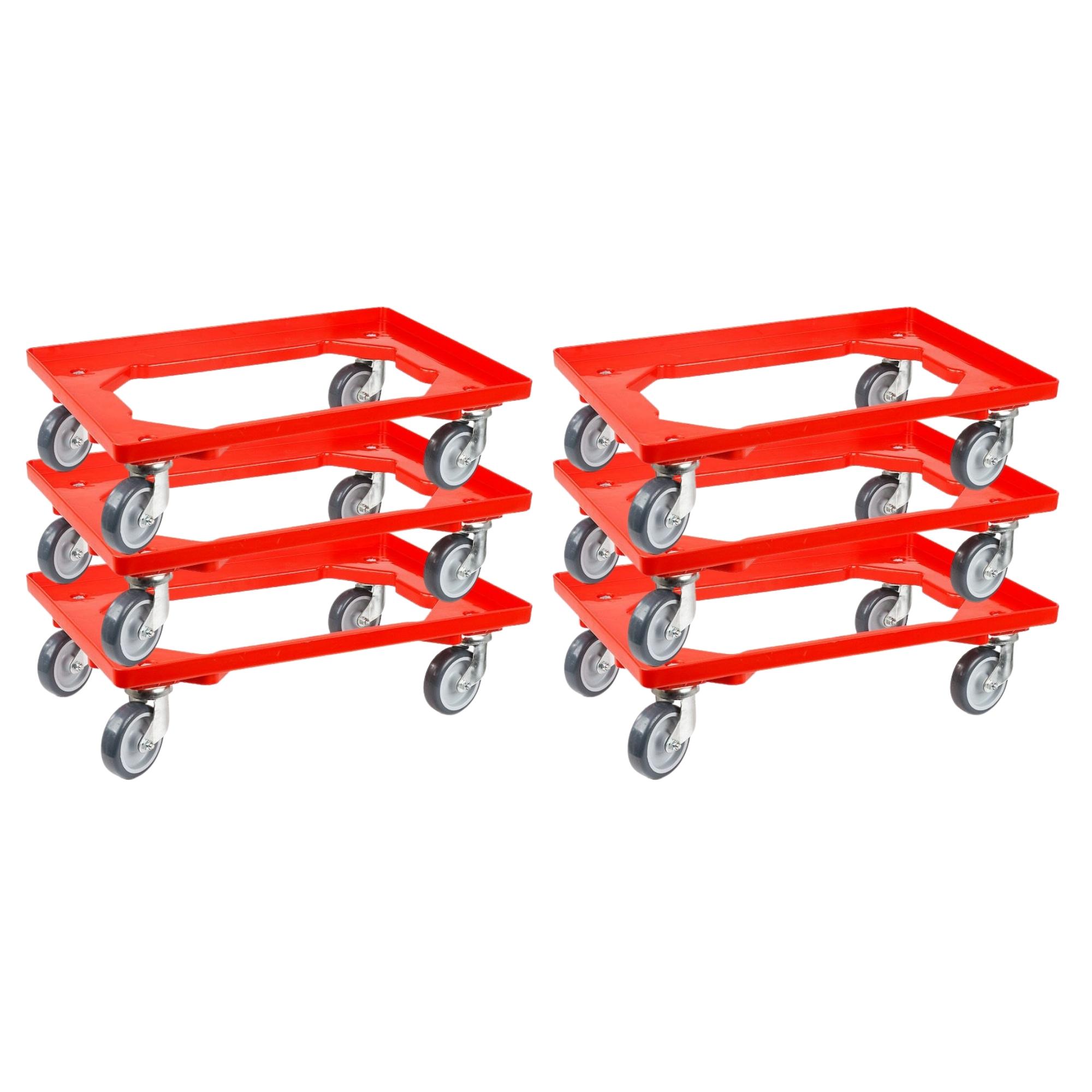 SparSet 6x Transportroller für Euroboxen 60x40cm mit Gummiräder rot | Offenes Deck | 4 Lenkrollen | Traglast 300kg | Kistenroller Logistikroller Rollwagen Profi-Fahrgestell