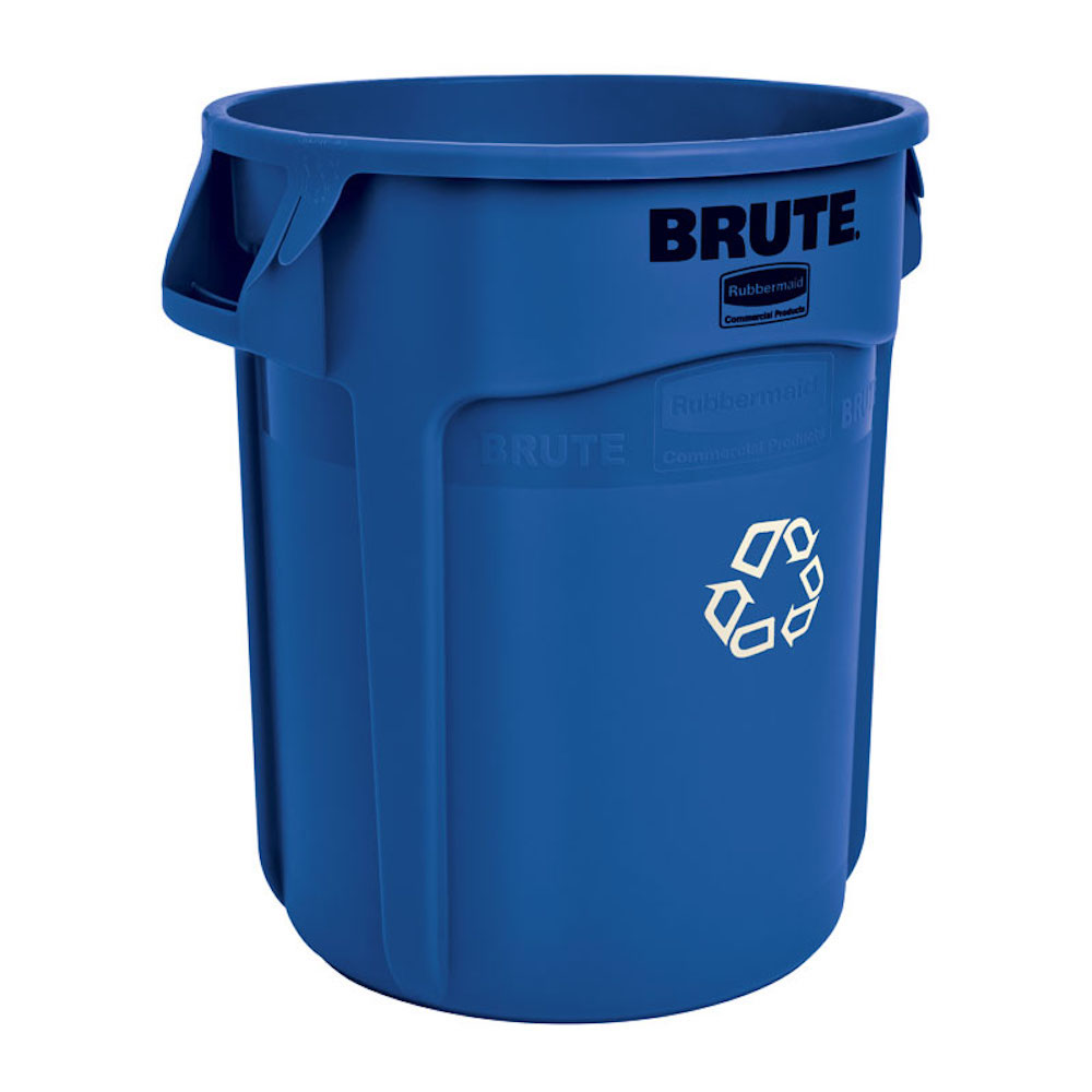 Rubbermaid Brute runde Mehrzwecktonne mit Belüftungskanälen | 75,7 Liter, HxØ 58,1x49,5cm | aus widerstandsfähigem Kunststoff (PE) | Blau mit Recyclingsymbol