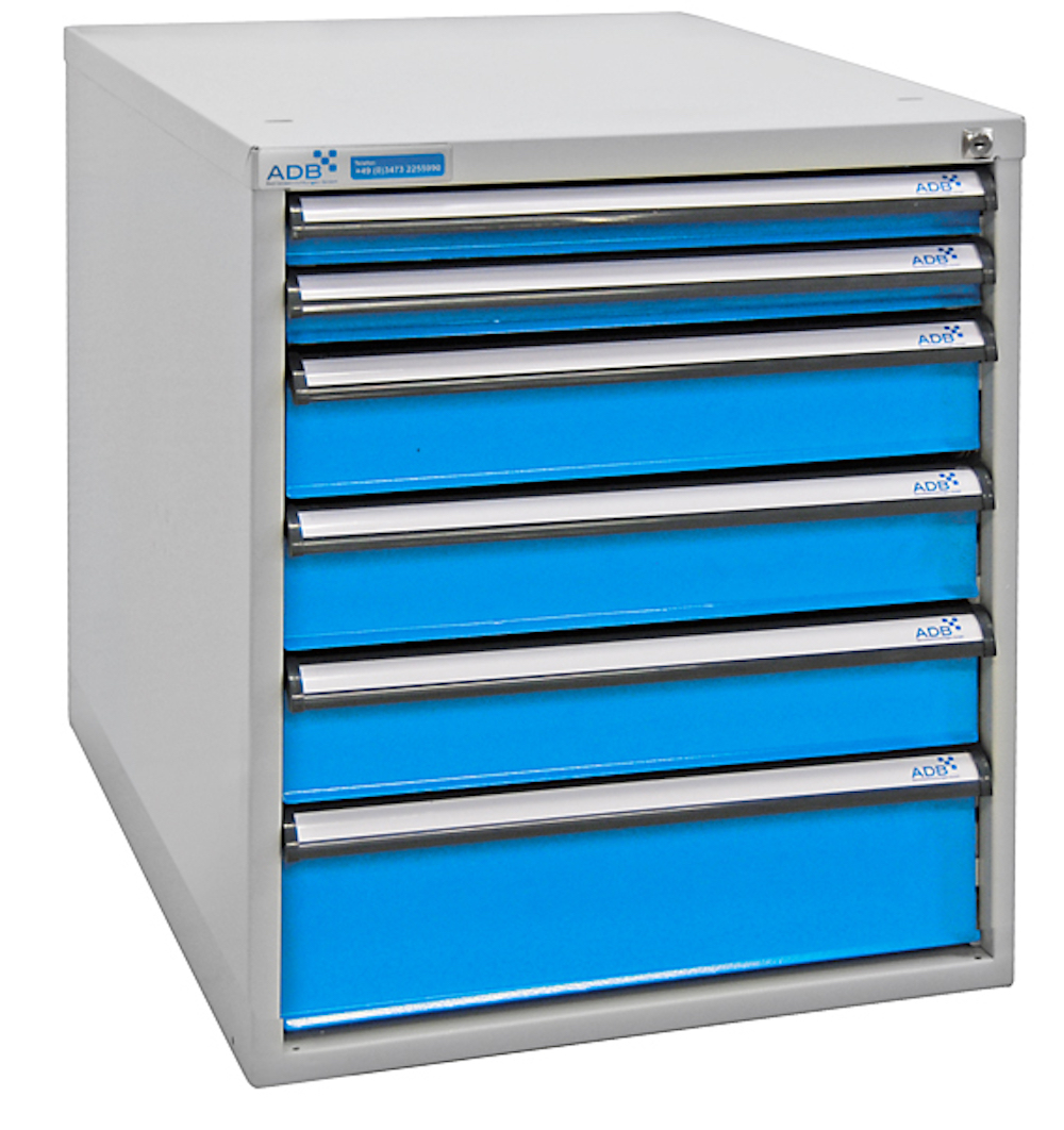 Schubladenbox mit 6 Schubladen für Werkbank Rhino| HxBxT 65x53x70cm | Traglast 60kg | Lichtgrau/Lichtblau