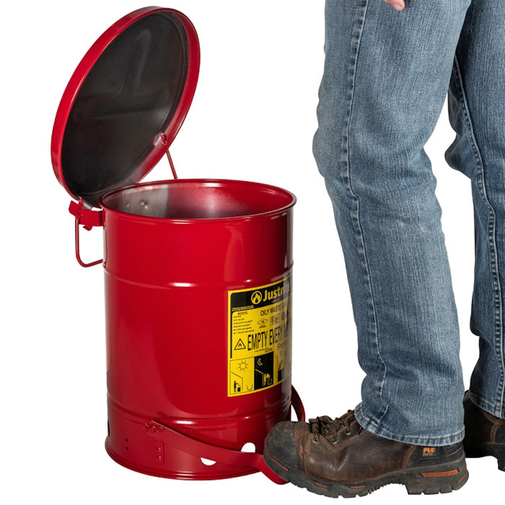 Justrite Sicherheits Öl-Entsorgungsbehälter aus Stahl mit Pedalöffnung & Geräuschunterdrückung | 38 Liter | Verzinkter Stahl | Rot