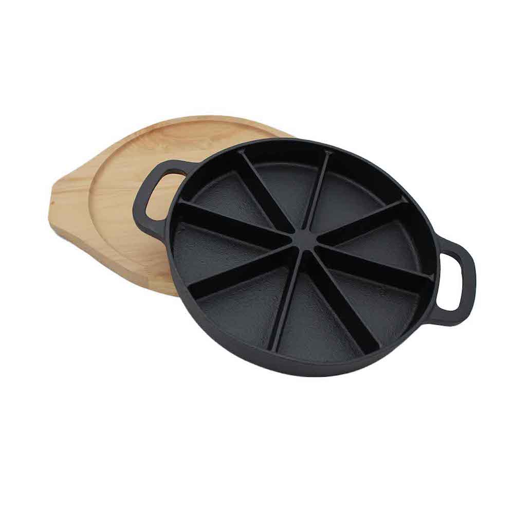 CHEFGASTRO BBQ Wedge Pan mit Holz-Serviertablett Ø 21,5 x 3 cm, Gusseisen