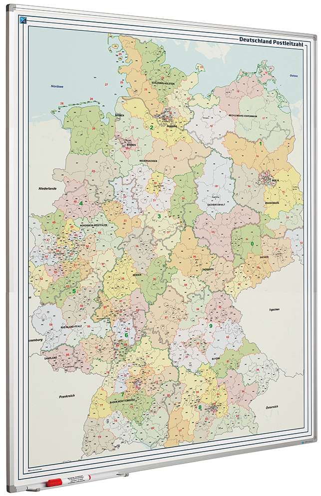 Magnetisches Whiteboard Landkarte PLZ Deutschland | HxBxT 120x90cm | inkl. Befestigungsmaterial & Stiftablage | Sublimationsstahl
