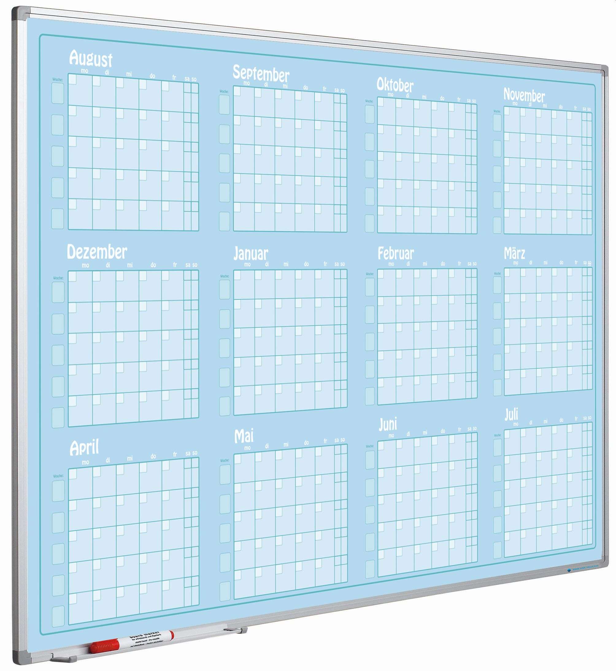 Jahresplaner magnetisches Whiteboard Slim Aug-Jul | HxB 90x120cm | 8mm-Platte | auf Deutsch | inkl. Befestigungsmaterial & Stiftablage | Sublimationsstahl | Aluminium/Lichtblau