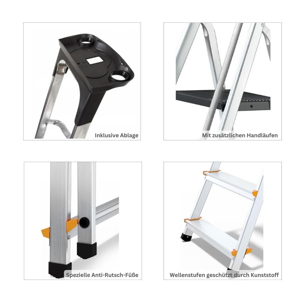Stufenstehleiter mit Werkzeugablage & Handlauf ECONOMY BASIC | einseitig begehbar | 4 Stufen | Arbeitshöhe 2,75m | Traglast 150kg