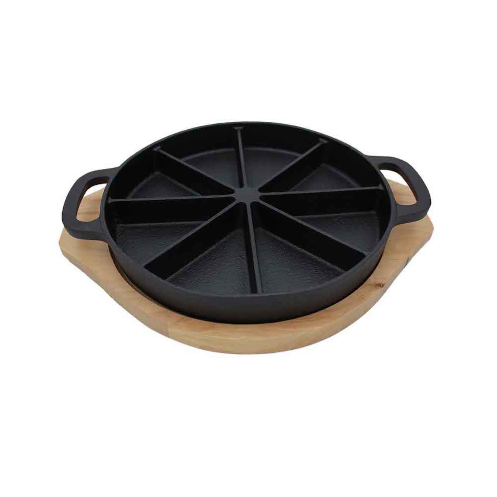 CHEFGASTRO BBQ Wedge Pan mit Holz-Serviertablett Ø 21,5 x 3 cm, Gusseisen
