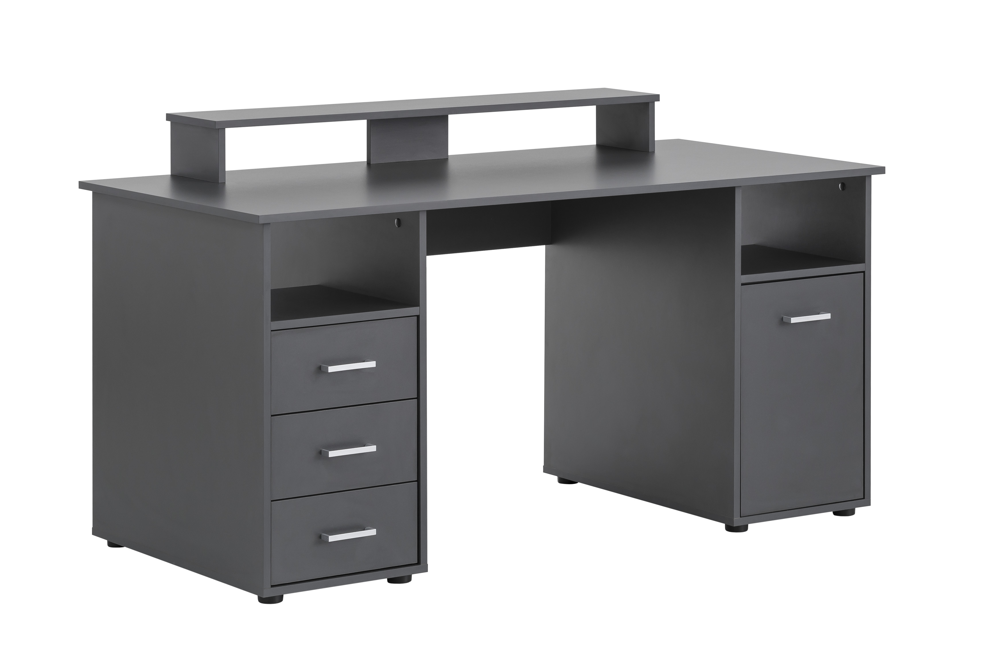 Möbelpartner Schreibtisch Fox | Large | HxBxT 86x150x70cm | 3 Schubladen, 2 offene Fächer, 1 Fach mit Flügeltür & Monitorständer | Anthrazit