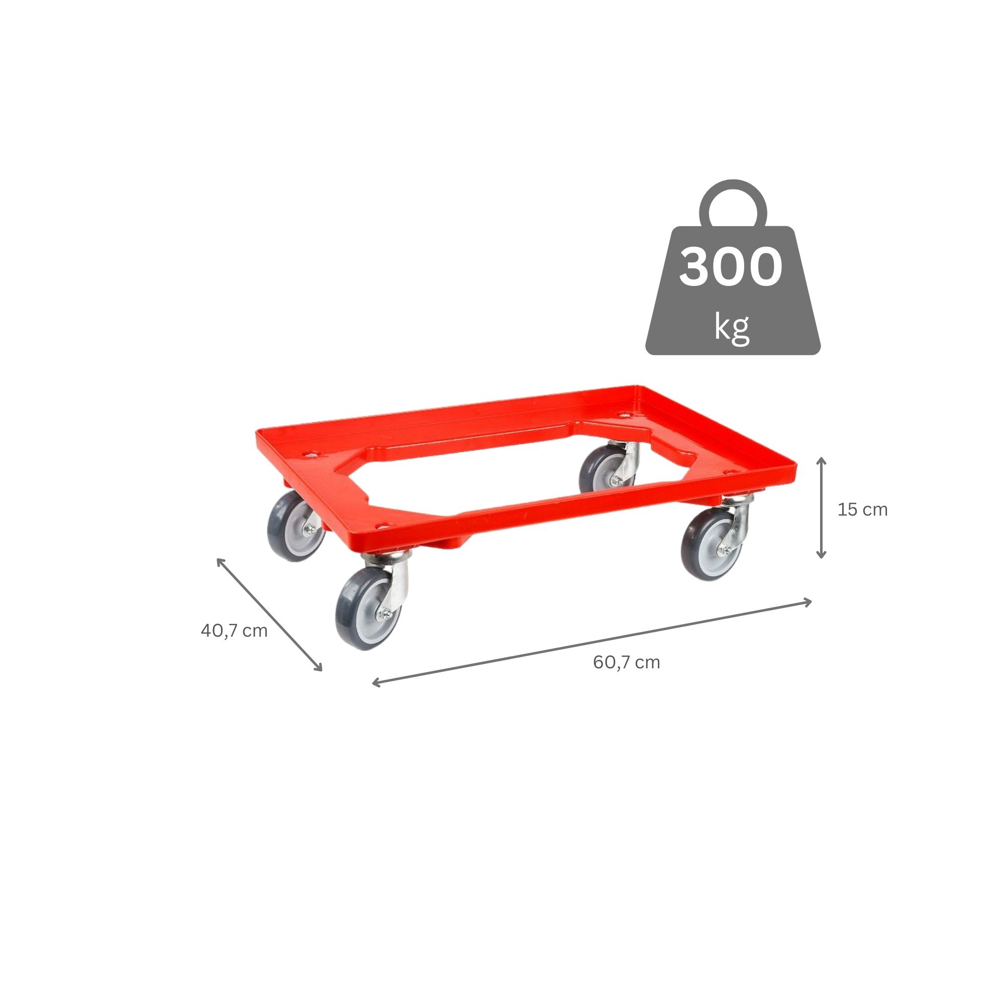 Transportroller für Euroboxen 60x40cm mit Gummiräder rot | Offenes Deck | 2 Lenkrollen & 2 Bremsrollen | Traglast 300kg | Kistenroller Logistikroller Rollwagen Profi-Fahrgestell