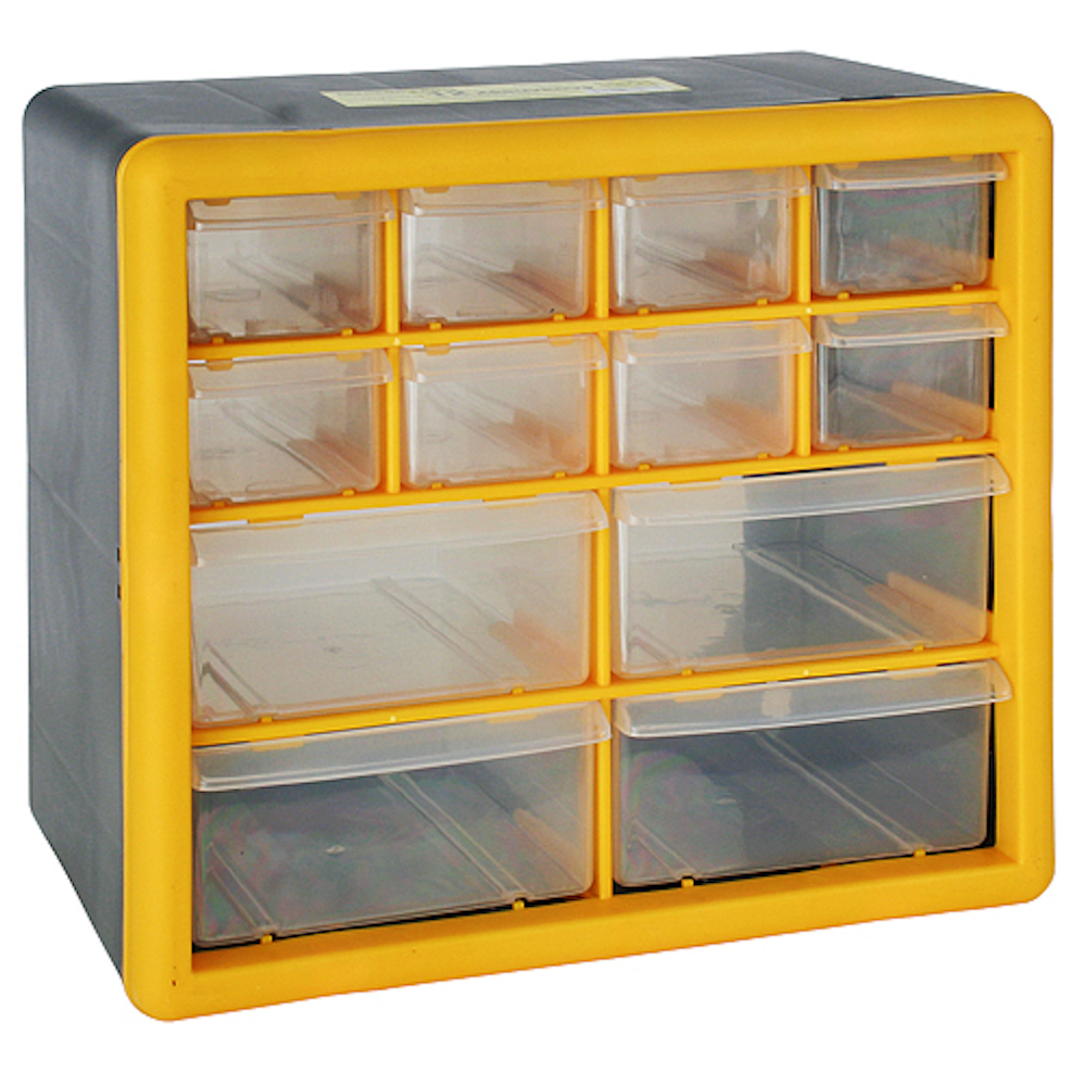 Cosimo Kleinteilemagazin mit 12 Schubfächer grau/gelb | HxBxT 23,5x26,5x16cm | Kleinteileregal, Sortimentsboxen, Sortimentskastenregal, Regalsystem