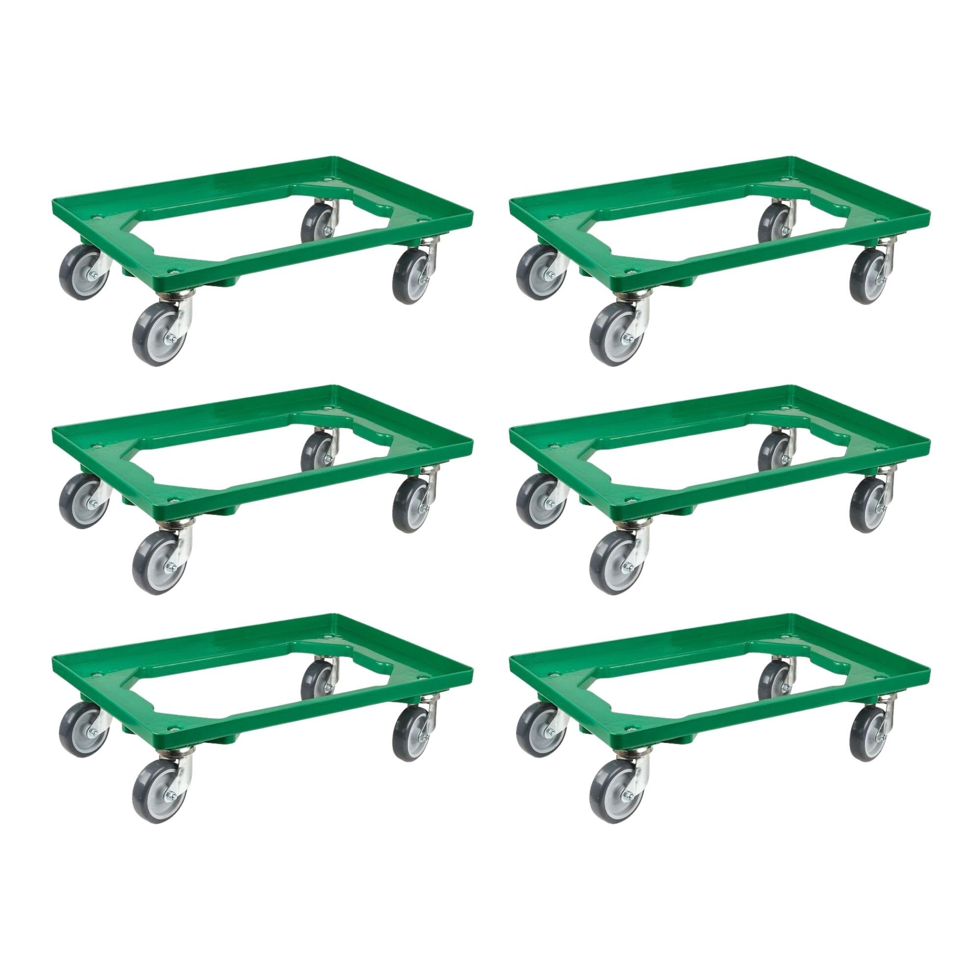 SparSet 6x Transportroller für Euroboxen 60x40cm mit Gummiräder grün | Offenes Deck | 2 Lenkrollen & 2 Bockrollen | Traglast 300kg | Kistenroller Logistikroller Rollwagen Profi-Fahrgestell