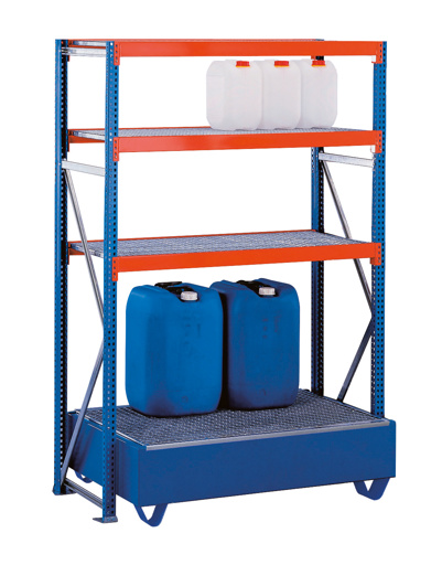Schulte Umweltregal-Set W 100 | Grundregal inkl. Auffangwanne | HxBxT 200x125x60cm | Blau/Orange/Verzinkt