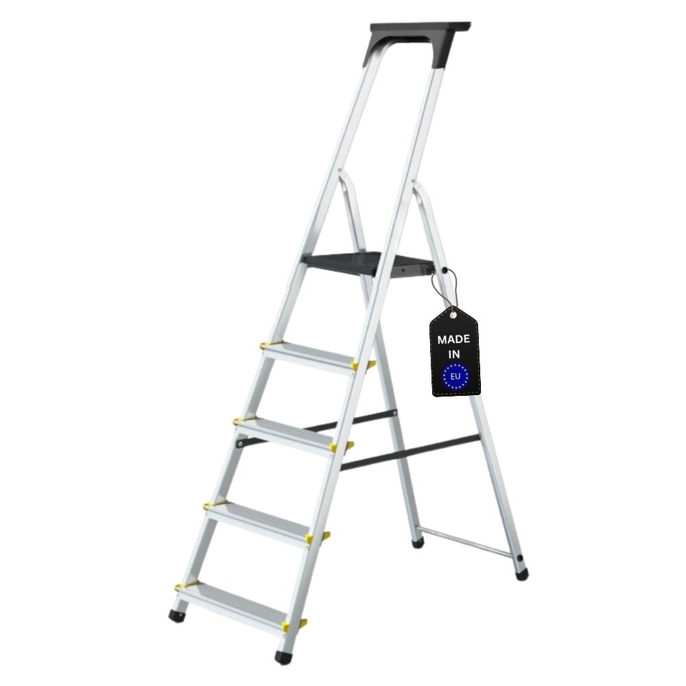 Stufenstehleiter mit Werkzeugablage ECONOMY BASIC | einseitig begehbar | 5 Stufen | Arbeitshöhe 2,97m | Traglast 150kg