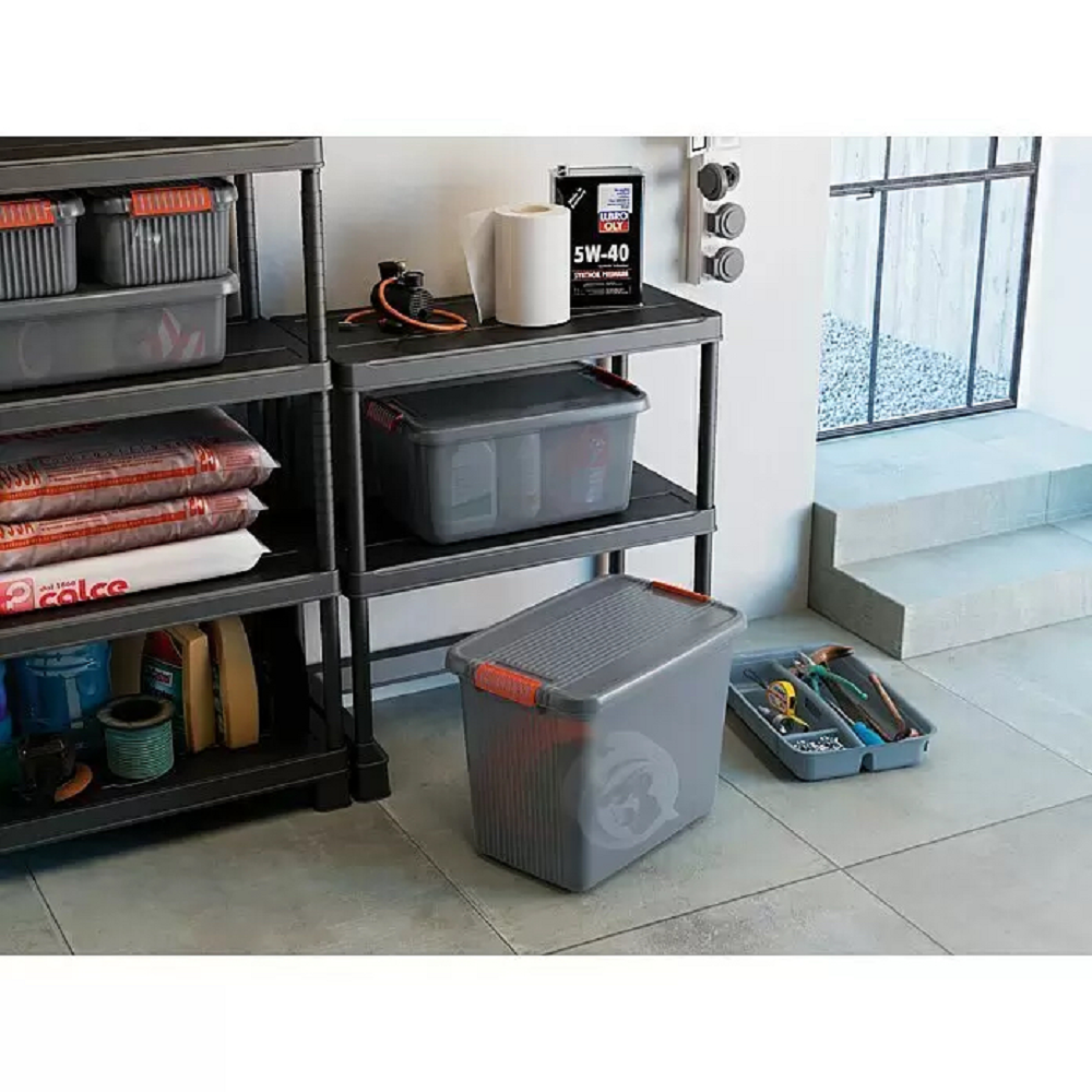 Mehrzweck Aufbewahrungsbehälter MANATEE mit Deckel | HxBxT 45x59x39 cm| 60 Liter | Grau/Orange | Behälter, Box, Aufbewahrungsbehälter, Aufbewahrungsbox