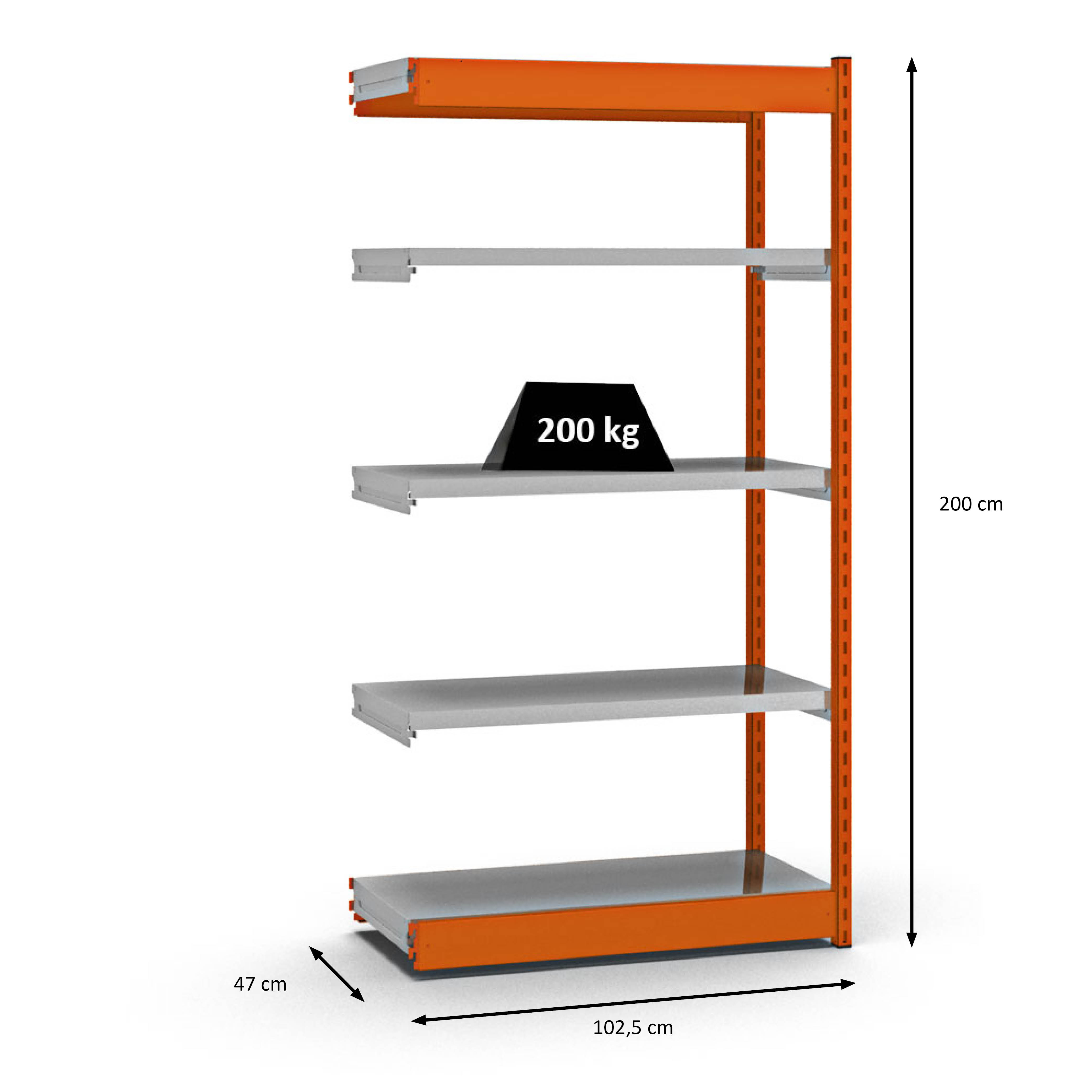 Fachbodenregal Stecksystem Vierkant-Profil | Anbauregal | HxBxT 200x100x40cm | 5 Ebenen | Einseitige Bauart | Fachlast 200kg | Orange/Verzinkt