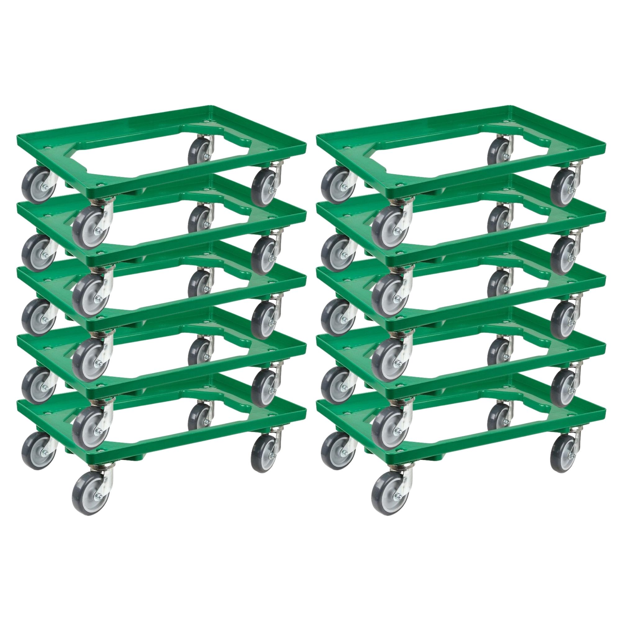 SparSet 10x Transportroller für Euroboxen 60x40cm mit Gummiräder grün | Offenes Deck | 2 Lenkrollen & 2 Bremsrollen | Traglast 300kg | Kistenroller Logistikroller Rollwagen Profi-Fahrgestell