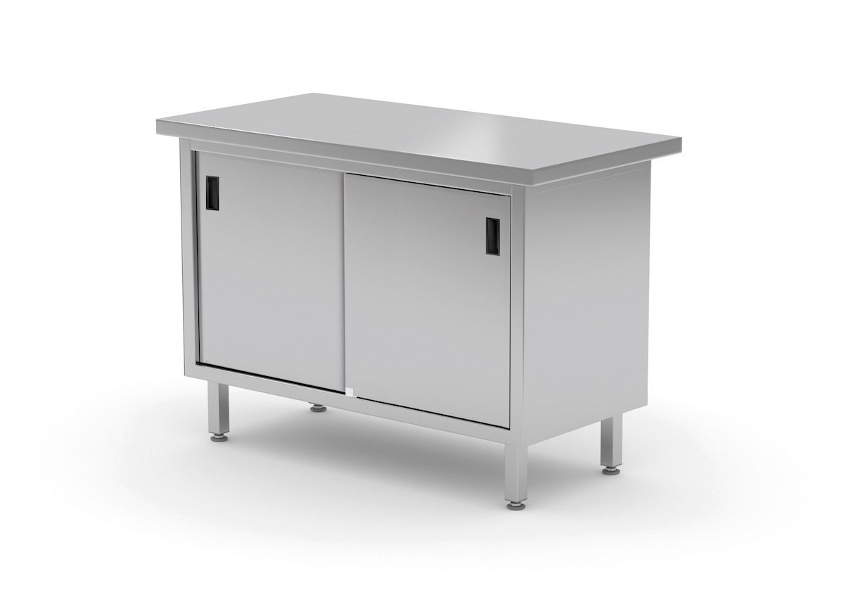 Edelstahl Gastro-Arbeitstisch mit Schiebetüren und ohne Aufkantung | AISI 430 Qualität | HxBxT 85x130x70cm