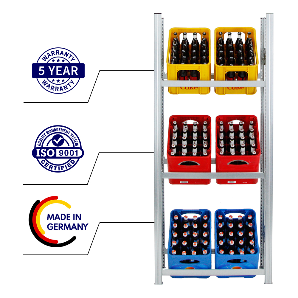 Getränkekistenregal Chiemsee Made in Germany | HxBxT 185x81x34cm | 6 Kisten auf 3 Ebenen | Verzinkt