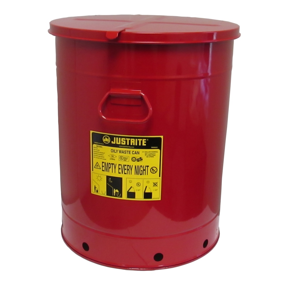 Justrite Sicherheits Öl-Entsorgungsbehälter aus Stahl mit Handöffnung | HxBxT 50,8x51x53cm | 80 Liter | Rot