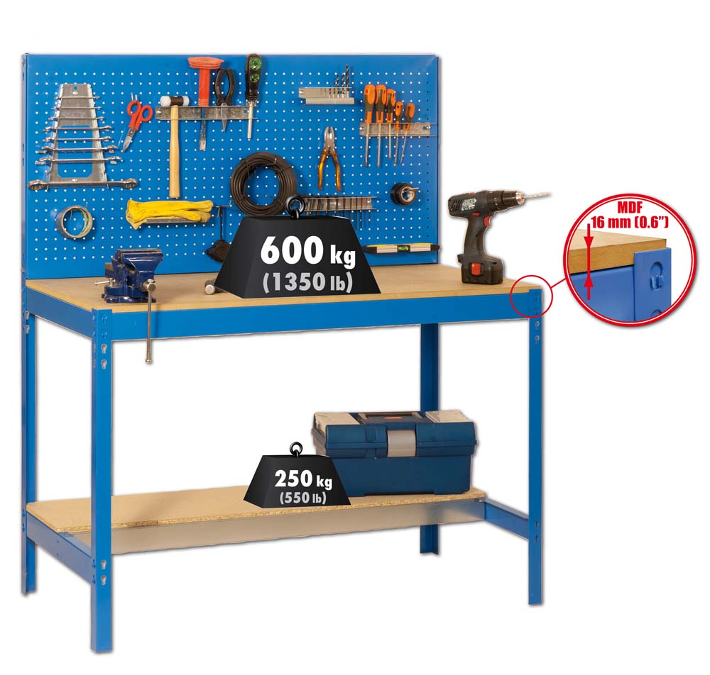 Werkbank BUFFALO mit Werkzeugwand | HxBxT 84x90x61cm | Traglast 400kg | Blau