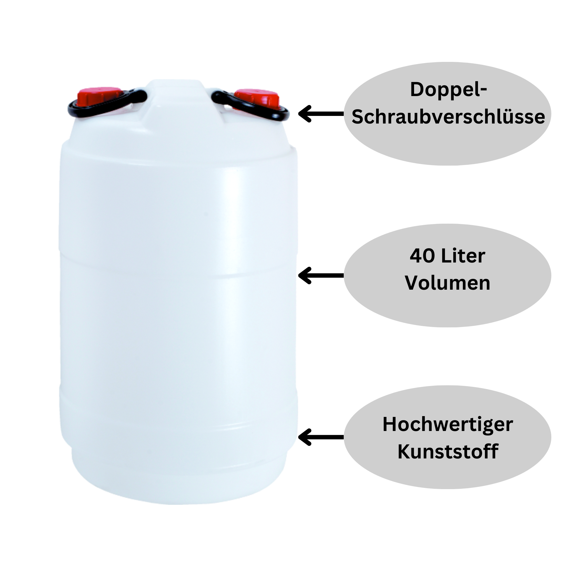 Mehrzweckfass aus Kunststoff mit Doppel-Schraubverschlüssen & Griffen 40 Liter | HxØ 51x36cm | Weiß