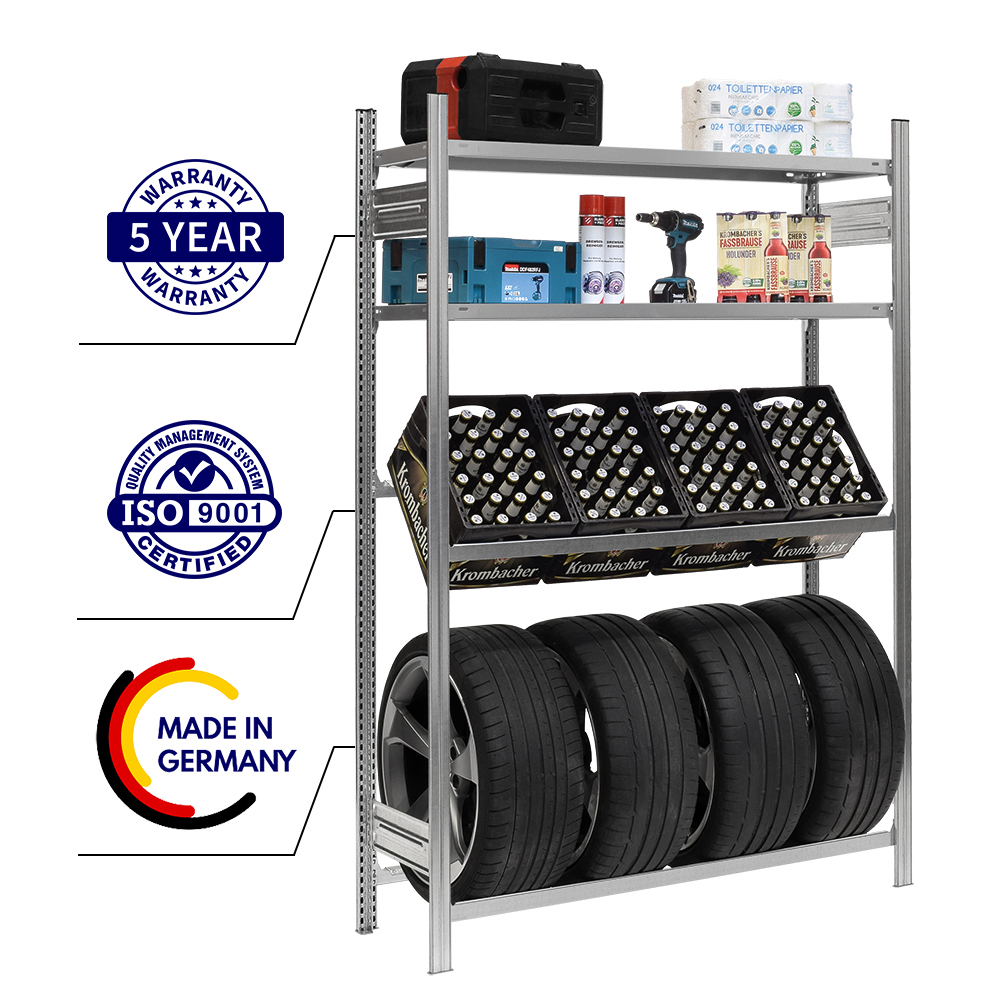 Getränkekisten- & Reifenregal Chiemsee TIRE Made in Germany | HxBxT 200x136x43,5cm | 3 Kisten  auf 1 Ebene + 4 Reifen & 2 Boards | Verzinkt