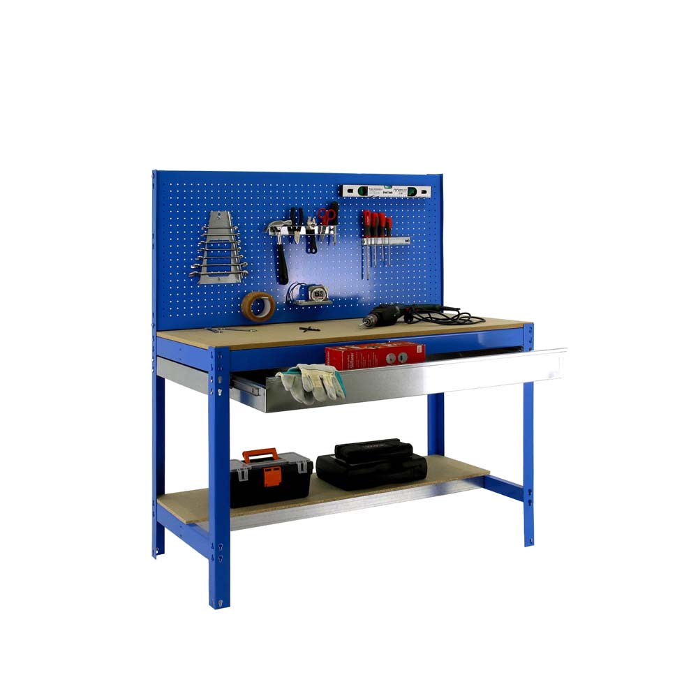 Werkbank BUFFALO mit Werkzeugwand und Schubfach | HxBxT 84x90x61cm | Traglast 400kg | Blau