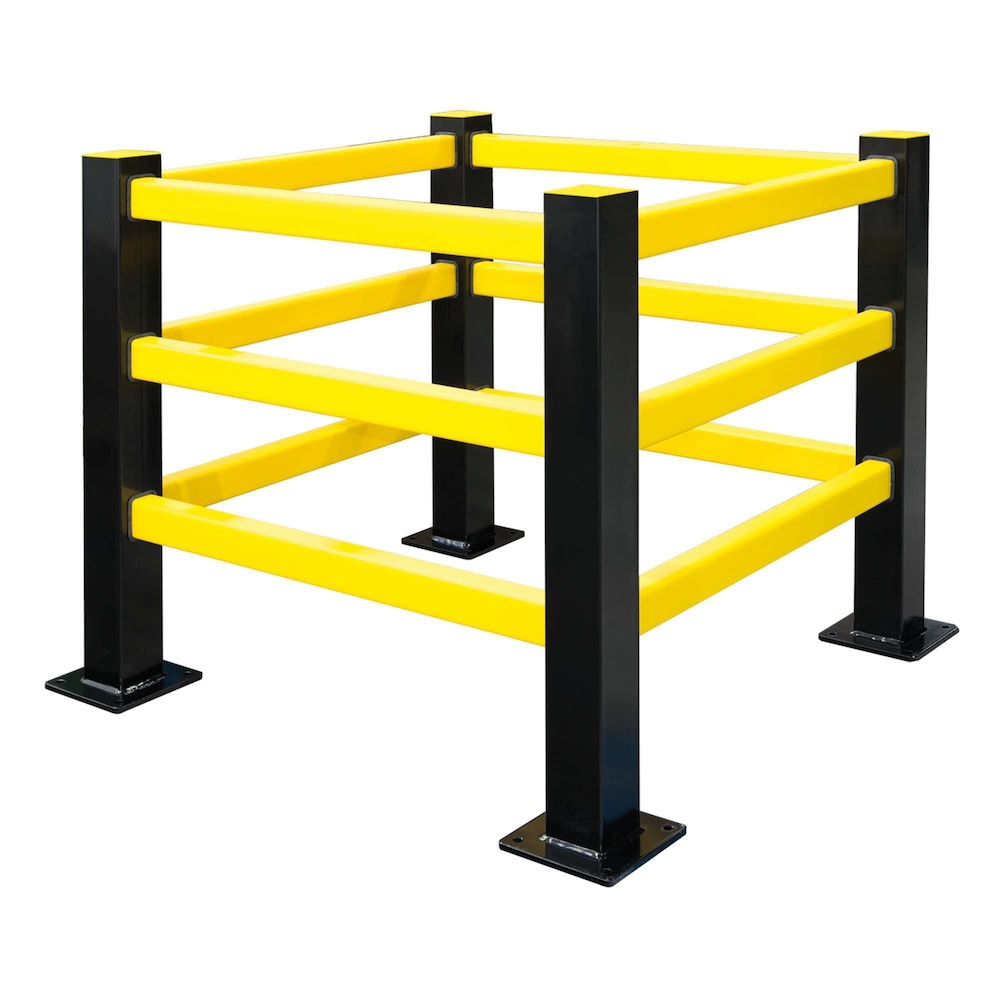 Säulenschutz Hybrid | 4x Eckpfosten & 12x Querbalken (100cm) | Höhe 100cm |  Individuell anpassbar | Kunststoffbeschichteter Stahl & Kunststoff | Schwarz-Gelb