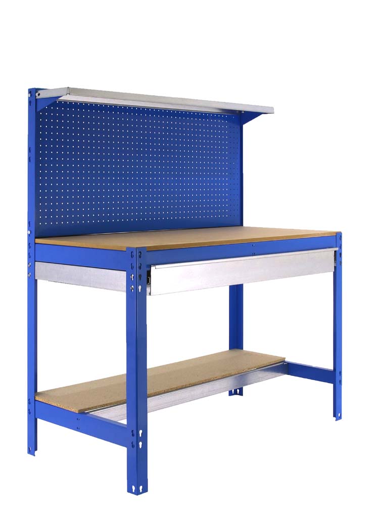 Werkbank BUFFALO mit Werkzeugwand, Schubfach und Ablage | HxBxT 84x150x61cm | Traglast 600kg | Blau