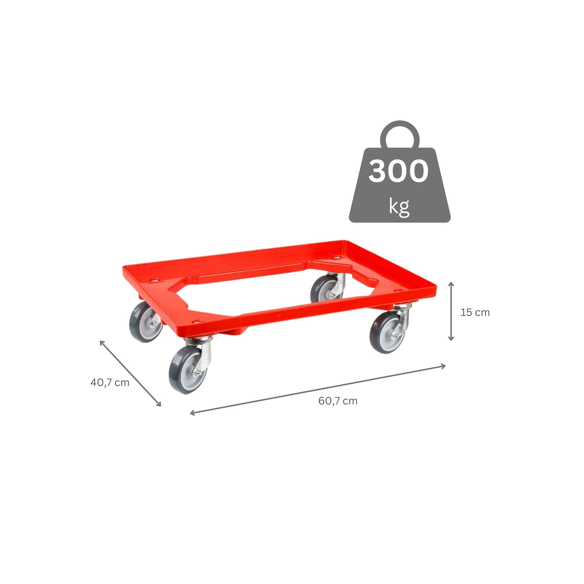 SparSet 10x Transportroller für Euroboxen 60x40cm mit Gummiräder rot | Offenes Deck | 2 Lenkrollen & 2 Bockrollen | Traglast 300kg | Kistenroller Logistikroller Rollwagen Profi-Fahrgestell