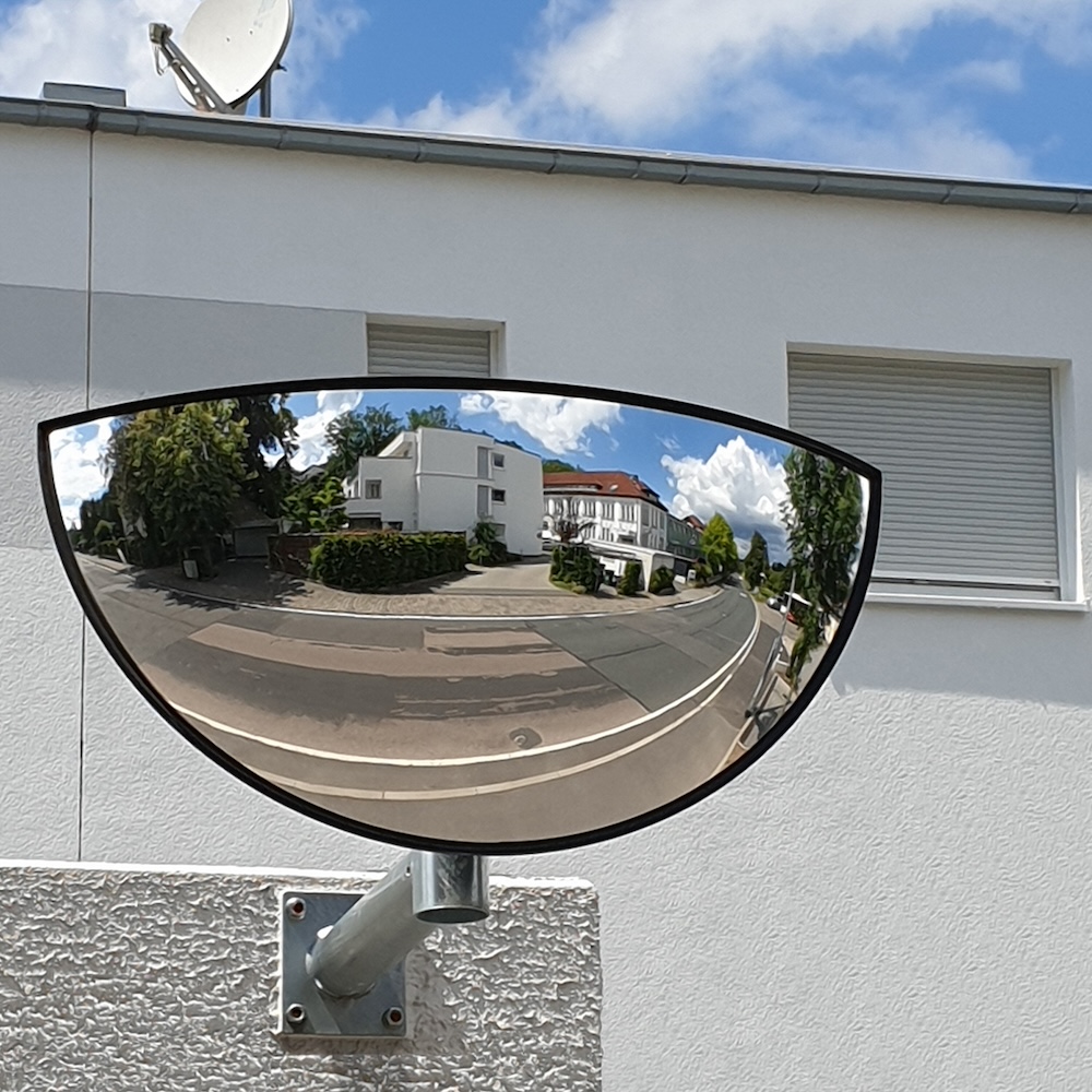 Drei-Wege-Spiegel aus Acrylglas mit Rohrpfostenhalterung | 180° Weitwinkelspiegel für Drei-Wege-Kreuzungen | HxBxT 40x75x16cm | Beobachtungsabstand 5m